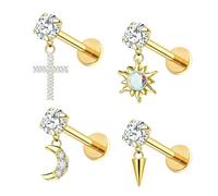 CHARMONLINE 16G Internally Threaded Flatback Nose Stud 316L Stainless Steel Pendant Butterfly,Moon, Flower studs for Labret, Helix, Tragus, Conch, Lobe CZ Nose Stud Lip Studs Earring Piercing Jewelry