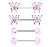 CHARMONLINE 2 Pairs 14G Nipple Rings 316L Stainless Steel Butterfly Nipple Barbell CZ Nipple Rings Set Nipplerings Piercing Jewelry for Women, Stainless Steel, cubic zirconia