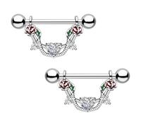 CHARMONLINE 2pcs 14G Nipple Rings Flower Nipple Bars Surgial Steel 316L Nipple Piercing Jewelry Heart Nipple Barbell for Women, 14G, Stainless Steel, cubic zirconia