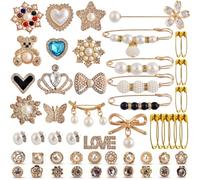 Charms for Socks Safety Pin Brooch,55pcs Junk Sock Charms Pins Gold Bling Sock Jewelry Charms,Brooch Pins for Socks,Pearl Rhinestone Brooch Pins Costom Shoe Sock Charms Kit Bulk for Hat Clothes