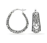 Charmsy 925 Sterling Silver Elegant Valentines Day Earrings 925 Sterling Silver Antique Floral Filigree Hoop Earrings for Women Light-Weight Small Oval Hoop Earrings for Women Teen 23mm