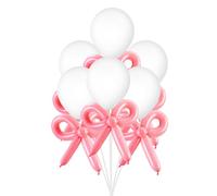 Charnoel 100pcs Pink Bow Balloons, 10" White & 260q Pink Long Balloons with White Ribbon for Party Decoration Bow Kitty Theme Birthday, Wedding, Bridal Shower, Party Supplies