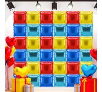 Charnoel 36 Pcs Gold Ring Birthday Decorations Balloons Brick Square Foil Balloon Wall Backdrop Arch Kit Double Sided Metallic for Cartoon Video Game Party Supplies(Red Yellow Blue)