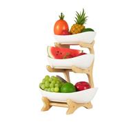 Charocean 3 Tier Ceramic Fruit Bowl with Bamboo Stand, Fruit Basket, Space-Saving Design, Microwave & Dishwasher Safe, Tiered Fruit Bowl for Kitchen, Parties, Weddings & Home Décor (White)