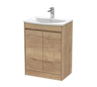 Chartley Contemporary Floor Standing 2 Door Vanity Basin Unit, Curved Basin, 600mm, Autumn Oak