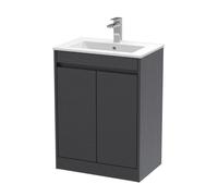Chartley Contemporary Floor Standing 2 Door Vanity Basin Unit, Minimalist Basin, 600mm, Woodgrain Graphite Grey