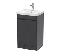 Chartley Contemporary Floor Standing 2 Door Vanity Basin Unit, Thin-Edge Basin, 500mm, Woodgrain Graphite Grey