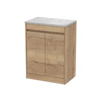 Chartley Contemporary Floor Standing 2 Door Vanity Unit with Bellato Grey Laminate Worktop, 600mm, Autumn Oak