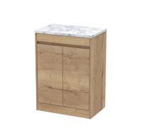 Chartley Contemporary Floor Standing 2 Door Vanity Unit with Carrera Marble Laminate Worktop, 600mm, Autumn Oak