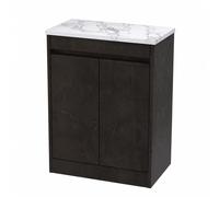 Chartley Contemporary Floor Standing 2 Door Vanity Unit with Carrera Marble Laminate Worktop, 600mm, Metallic Slate