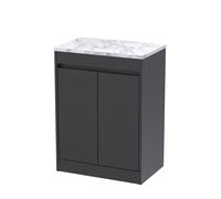 Chartley Contemporary Floor Standing 2 Door Vanity Unit with Carrera Marble Laminate Worktop, 600mm, Woodgrain Graphite Grey