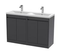 Chartley Contemporary Floor Standing 4 Door Vanity Basin Unit, Ceramic Basin, 1200mm, Woodgrain Graphite Grey