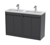 Chartley Contemporary Floor Standing 4 Door Vanity Basin Unit, Polymarble Basin, 1200mm, Woodgrain Graphite Grey