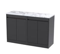 Chartley Contemporary Floor Standing 4 Door Vanity Unit with Carrera Marble Laminate Worktop, 1200mm, Woodgrain Graphite Grey