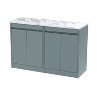 Chartley Contemporary Floor Standing 4 Door Vanity Unit with Carrera Marble Laminate Worktop, 1200mm, Coastal Grey