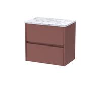 Chartley Contemporary Wall Hung 2 Drawer Vanity Unit with Carrera Marble Laminate Worktop, 600mm, Smoked Red