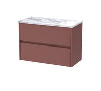 Chartley Contemporary Wall Hung 2 Drawer Vanity Unit with Carrera Marble Laminate Worktop, 800mm, Smoked Red