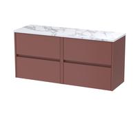 Chartley Contemporary Wall Hung 4 Drawer Vanity Unit with Carrera Marble Laminate Worktop, 1200mm, Smoked Red