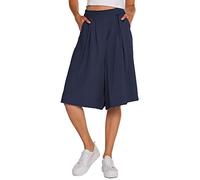 Chartou Woman's Casual Loose Fit Stretched Waist Knee Length Wide Leg Culottes Shorts - Blue - Medium