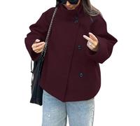 CHARTOU Women Crop Pea Coat Wool Blend Winter Loose Casual Short Jacket Outwear, Wine, Large