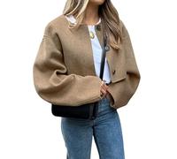 CHARTOU Women Cropped Wool Blend Pea Coat Short Jacket Peacoat Long Sleeve Button Down Crop Jacket, Camel, Small