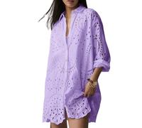 CHARTOU Women Eyelet Lace Dress Button Down Shirt Loose Fit Summer Casual Mini Dress, Purple, XXL