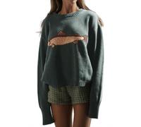 CHARTOU Women Fashion Crew Neck Rib Knit Crucian Carp Graphic Oversized Y2k Pullover Sweater Jumper, Dark Green, XXL