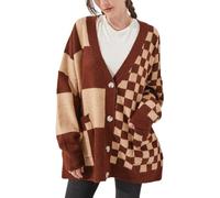 CHARTOU Women Slouchy Checkered Cardigan Oversized Open Front Cardigan Sweater Plaid Knit Outwear Coat, Brown, M