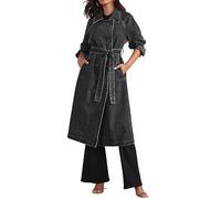 CHARTOU Women's Casual Double Breasted Long Denim Trench Coat Jean Jacket Trenchcoat with Belt Duster Coat, Black, M