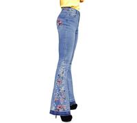 CHARTOU Womens Chic Floral Embroidered High-Rise Bell Bottom Flare Jeans Broad Feet Long Denim Pants, Blue, Large
