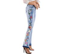 CHARTOU Womens Chic Floral Embroidered High-Rise Bell Bottom Flare Jeans Broad Feet Long Denim Pants, Blue4, S