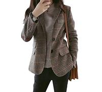 CHARTOU Women's Chic Lapel Collar Plaid 2-Button Business Work Office Blazer Suit Jacket, Brown, L