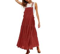 CHARTOU Women's Red Floral Tiered Maxi Dress with Adjustable Suspender Straps, Size S
