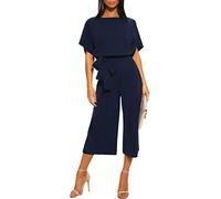 CHARTOU Women's Short Sleeve Bow Tie Wide Leg Cropped Capri Romper Palazzo Pants Jumpsuit, Navy, X-Large