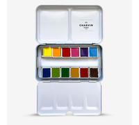 Charvin : Extra-Fine Artist Watercolour Paint : Half Pan : Classic Linen Blue Tin : 12 Colours