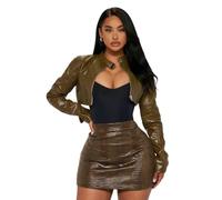 Charyeah Women's Faux Leather Jacket Cropped Leather Jacket Women Bomber Motorcycle Jacket y2k Jacket, Olive Green, L