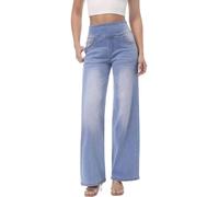 Chasehot Pull on Wide Leg Jeans for Women, High Waisted Stretchy Baggy Trendy Tummy Control Straight Leg Jeans Denim Pants Iceland Blue-S