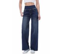 Chasehot Pull on Wide Leg Jeans for Women, High Waisted Stretchy Baggy Trendy Tummy Control Straight Leg Jeans Denim Pants Dark Indigo Wash-XXL