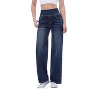 Chasehot Pull on Wide Leg Jeans for Women, High Waisted Stretchy Baggy Trendy Tummy Control Straight Leg Jeans Denim Pants Dark Indigo Wash-XXL