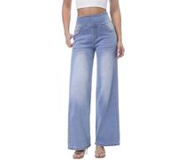 Chasehot Pull on Wide Leg Jeans for Women, High Waisted Stretchy Baggy Trendy Tummy Control Straight Leg Jeans Denim Pants Iceland Blue-XXL