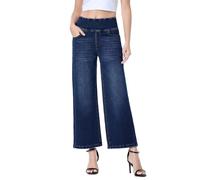 Chasehot Wide Leg Capri Jeans for Women, Pull on High Waisted Trendy Stretchy Straight Leg Baggy Cropped Tummy Control Denim Summer Petite Jeans Dark Indigo-XXL