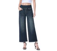 Chasehot Wide Leg Capri Jeans for Women, Pull on High Waisted Trendy Stretchy Straight Leg Baggy Cropped Tummy Control Denim Summer Petite Jeans Indigo Worn-M