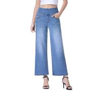 Chasehot Wide Leg Capri Jeans for Women, Pull on High Waisted Trendy Stretchy Straight Leg Baggy Cropped Tummy Control Denim Summer Petite Jeans Medium Blue-S