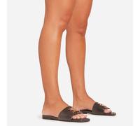 Chaser Gold Logo Detail Square Toe Flat Slider Sandal In Black Faux Leather, Women's Size UK 7