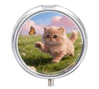 Chasing Butterflies Round Pill Box with Mirror 3 Compartment Portable Pill Case for Travel Outdoor Use Cute Small Pill Organizer for Pocket Or Purse