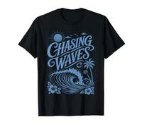 Chasing Waves Tropical Surf Hawaii Ocean Palm Tree Beach Art T-Shirt