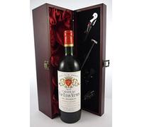 Chateau Cap Leon Veyrin 1975 Medoc Cru Bourgeois vintage wine in a silk lined wooden box with four wine accessories, 1 x 750ml