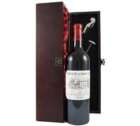 Chateau D'Angludet 2005 Margaux Vintage Wine presented in a silk lined wooden gift box with four wine accessories