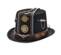Chatonshen Cosplay Hat Steampunk Top Hat Costume Hat Gothic Headwear Mechanical Style With Zipper Edging Rivet Accents Metal Plaque Panels Chain Detail Wool Felt, Black, M 56-58cm