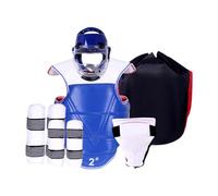 Chatonshen Karate Sparring Gear Set Eight Pieces Box Set Head Protector Face Chest Groin Arms Legs Comfortable Padding Materials Secure Fit, Blue, for 130 to 150cm